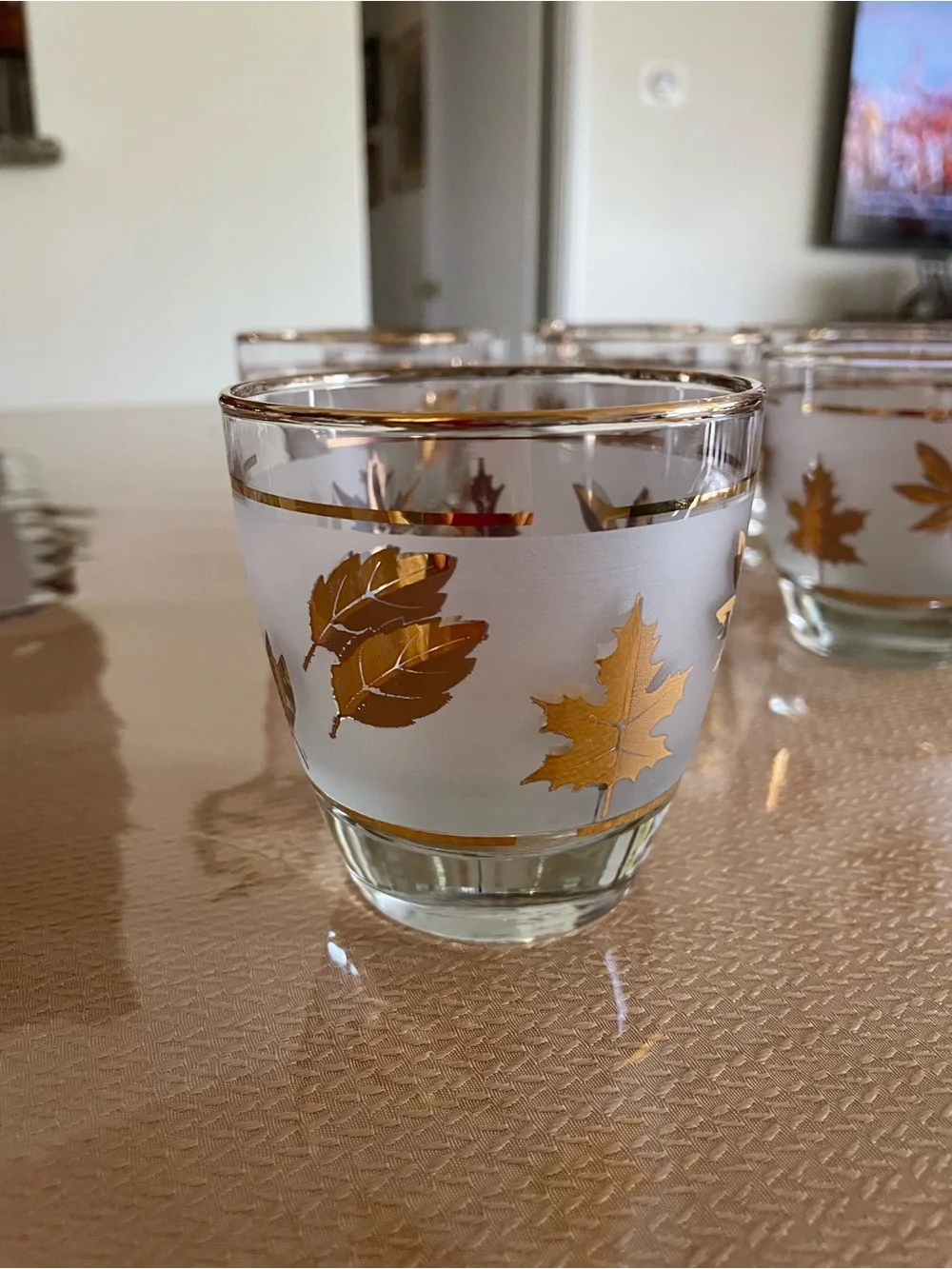 Vintage MCM Libbey Frosted Golden Foliage Glasses.     Set of 8